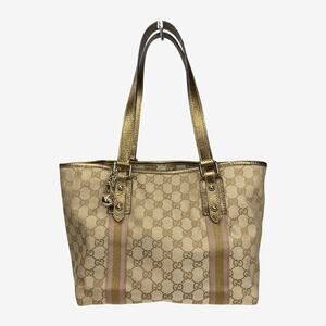 Gucci Jolicoeur GG Canvas Gold Leather Trim Tote Shoulder With Charm Cards Italy